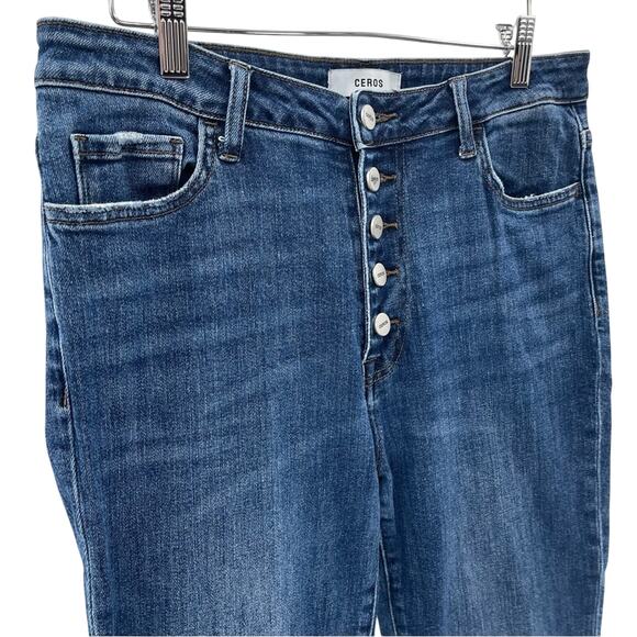 CEROS High Rise Medium Wash Slim Fit Distressed Raw Hem Button Fly Jeans Size 31 - Picture 3 of 9